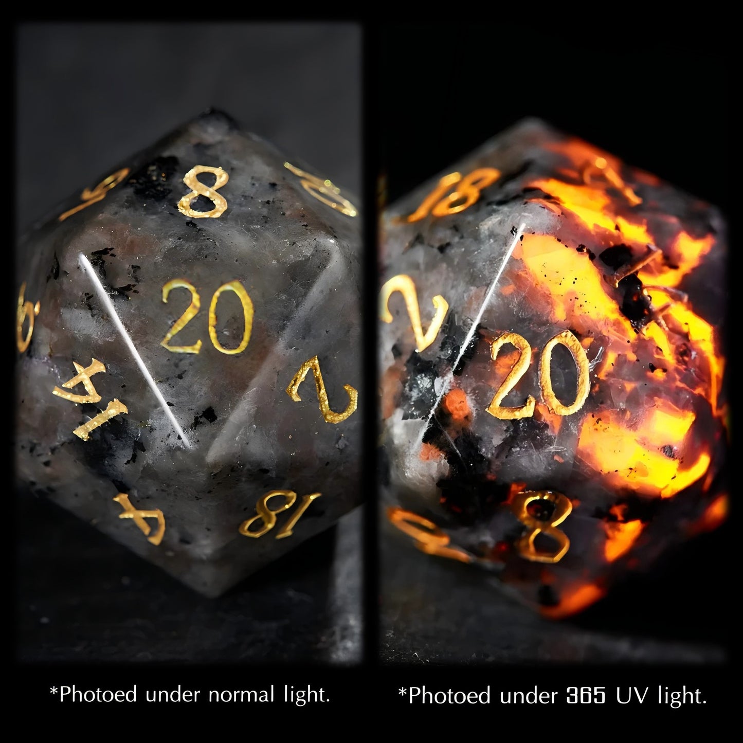 Volcanic eruption lava gemstone unique DND dice UV lamp contrast effect