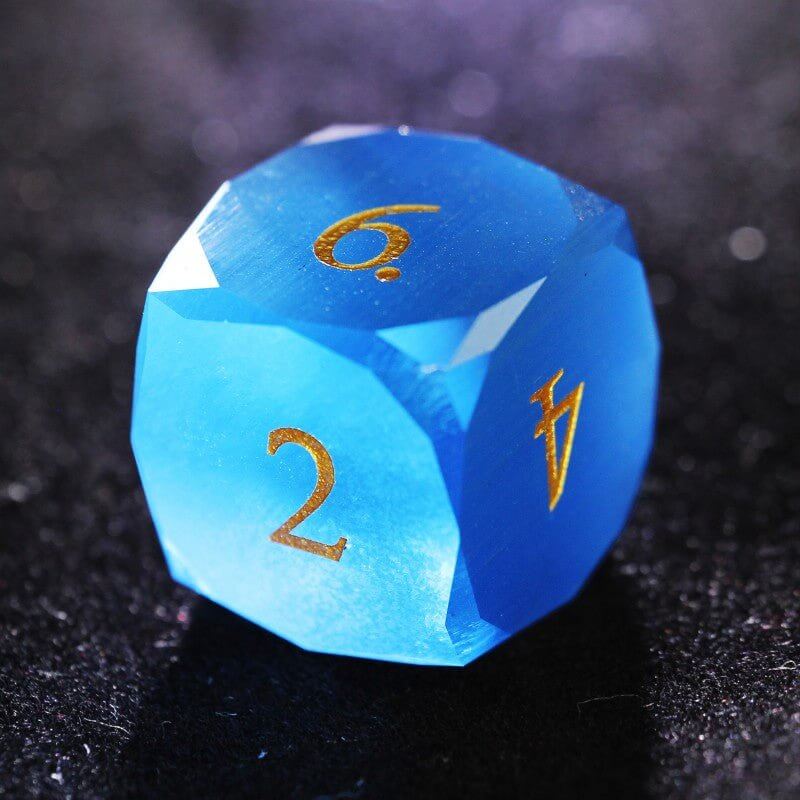 D&D Blue Multi-faceted Cat's Eye Stone D6 Dice