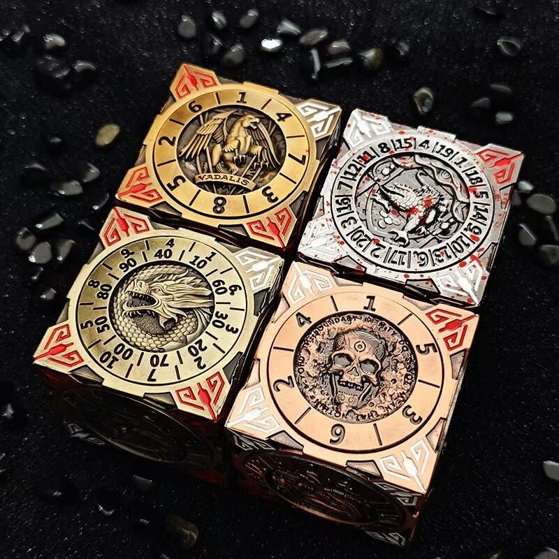 Four 7-in-1 metal solid cubes, six-sided round rotating roulette dice