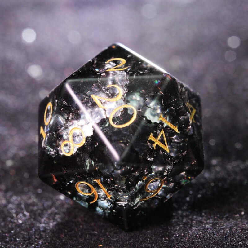 DND Black Cracked Pattern Glass Carved Dice D20 copy