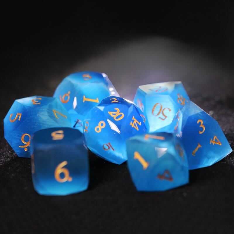 D&D Blue Multi-faceted Cat's Eye Stone Dice Set