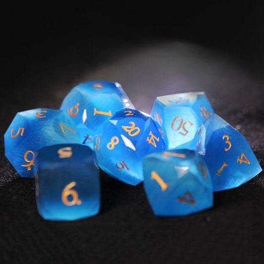 D&D Blue Multi-faceted Cat's Eye Stone Dice Set