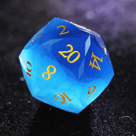 D&D Blue Multi-faceted Cat's Eye Stone D20 Dice