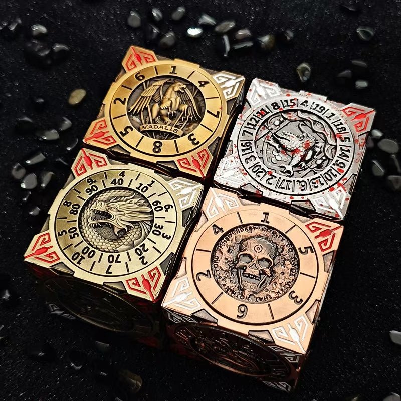 Four 7-in-1 metal solid cubes, six-sided round rotating roulette dice