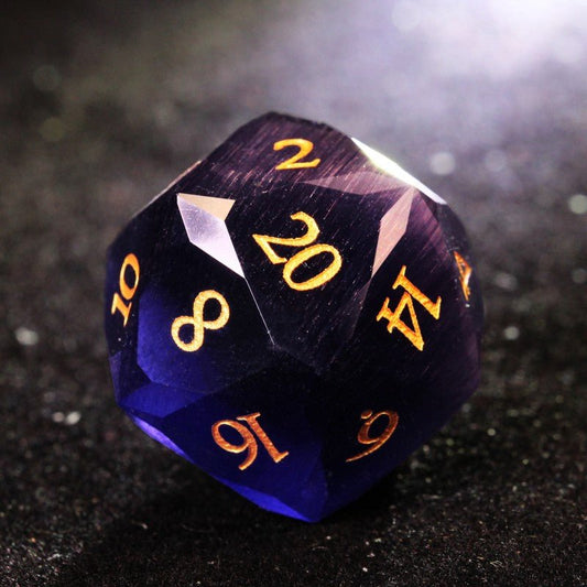 DND blue multi-faceted glass D20 dice