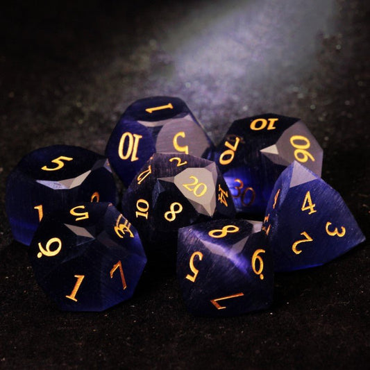 DND blue multi-faceted glass dice set
